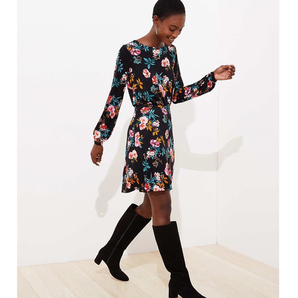 LOFT Black Floral Long-Sleeve Shift Dress